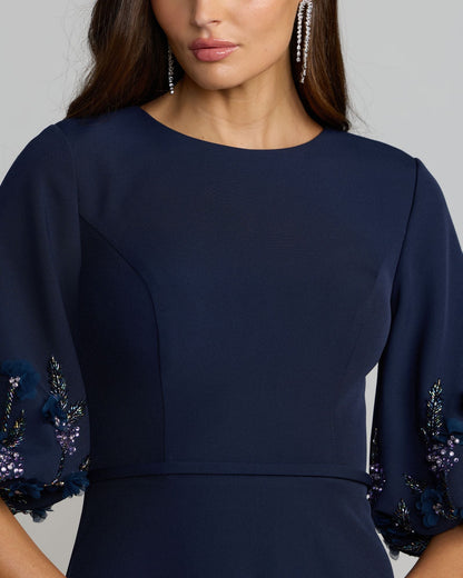 Mac Duggal Navy Crepe A Line Gown with Embellished Puff Sleeves