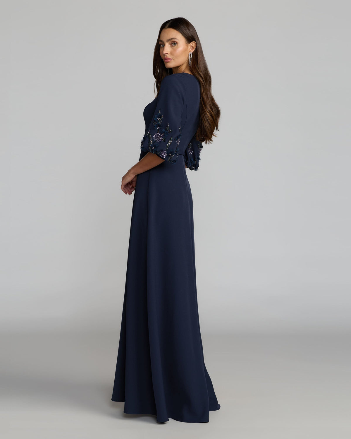 Mac Duggal Navy Crepe A Line Gown with Embellished Puff Sleeves