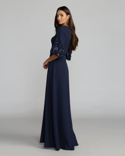 Mac Duggal Navy Crepe A Line Gown with Embellished Puff Sleeves