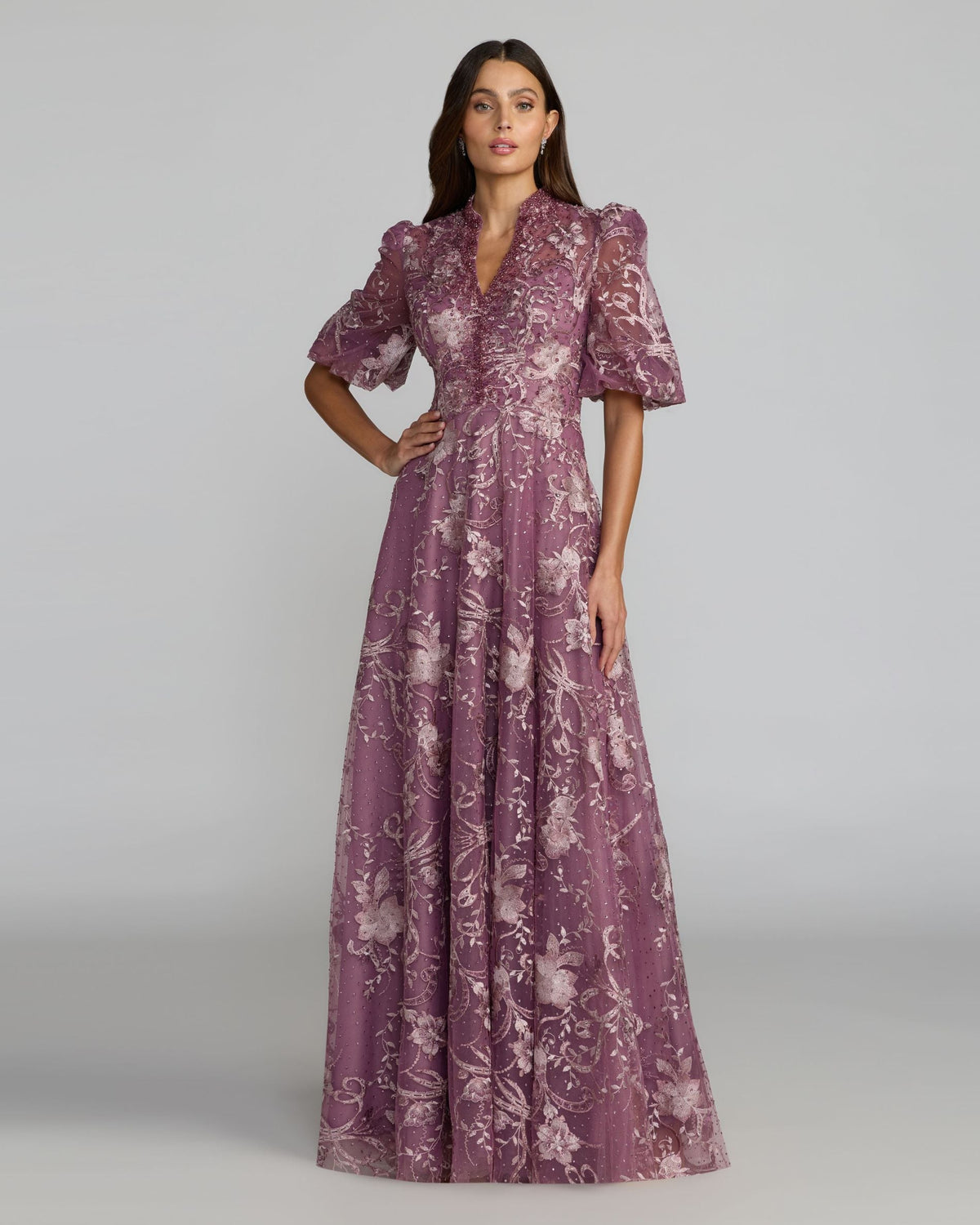 Mac Duggal Purple Queen Anne Puff Sleeve Embroidered A-Line Gown