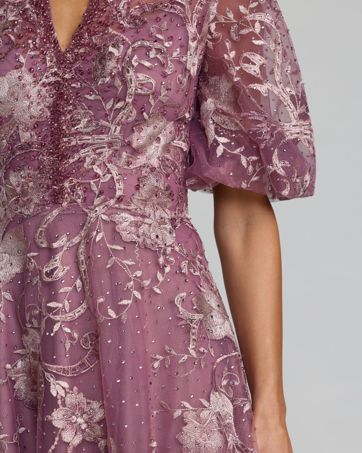 Mac Duggal Purple Queen Anne Puff Sleeve Embroidered A-Line Gown