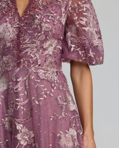 Mac Duggal Purple Queen Anne Puff Sleeve Embroidered A-Line Gown