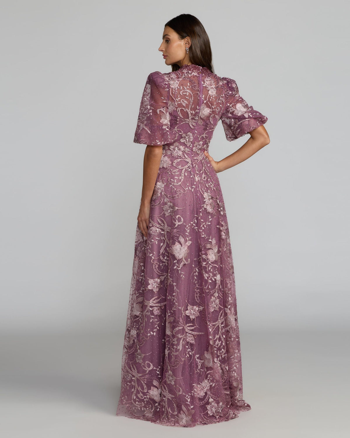 Mac Duggal Purple Queen Anne Puff Sleeve Embroidered A-Line Gown