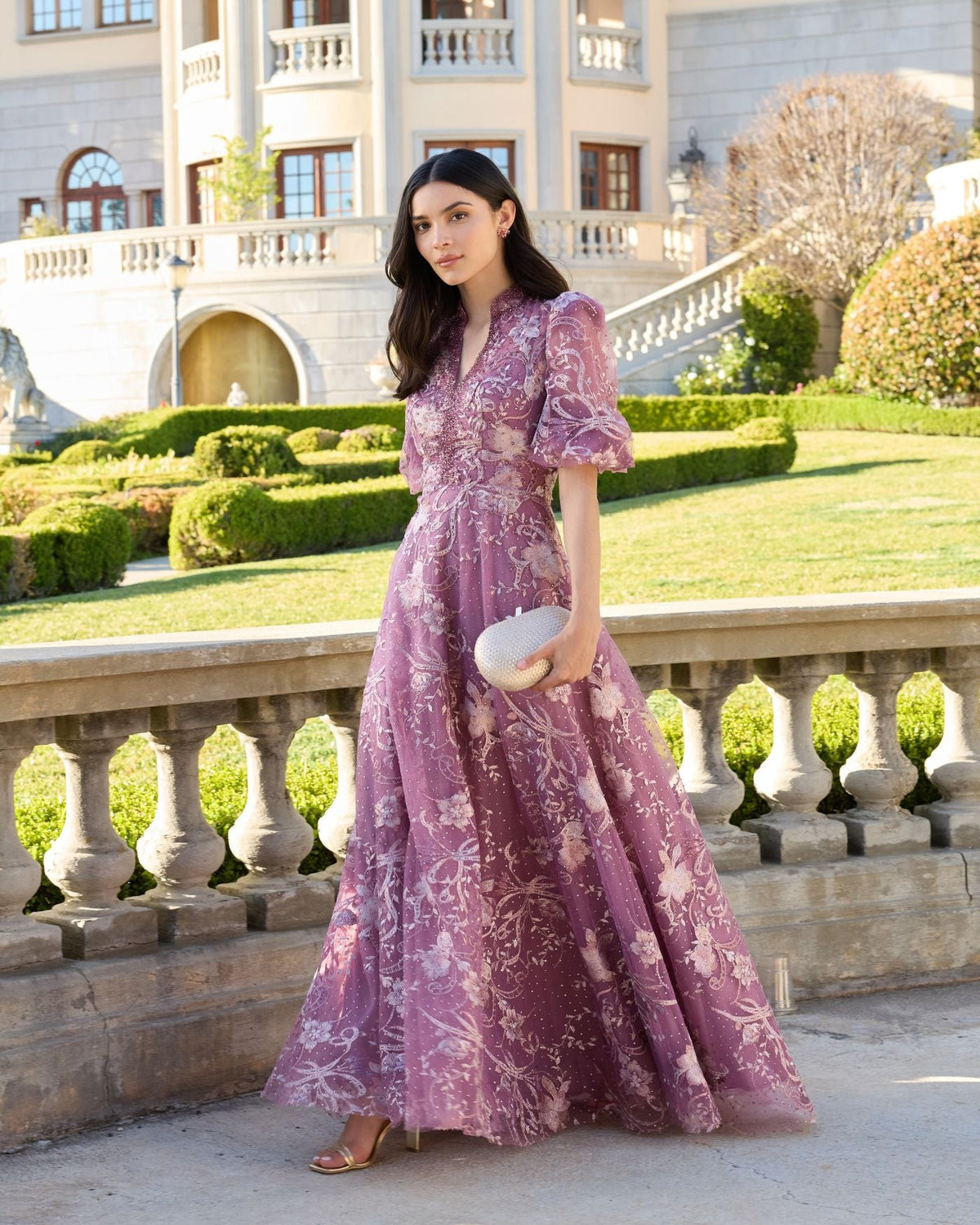Mac Duggal Purple Queen Anne Puff Sleeve Embroidered A-Line Gown