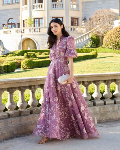 Mac Duggal Purple Queen Anne Puff Sleeve Embroidered A-Line Gown