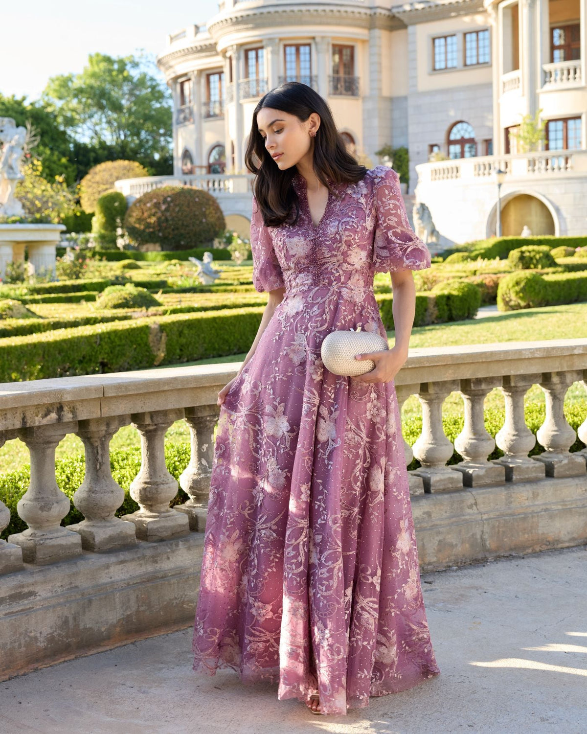 Mac Duggal Purple Queen Anne Puff Sleeve Embroidered A-Line Gown