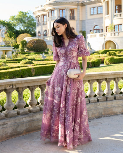 Mac Duggal Purple Queen Anne Puff Sleeve Embroidered A-Line Gown