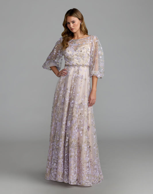 Mac Duggal Purple Embroidered A-Line Gown With 3/4 Puff Sleeves