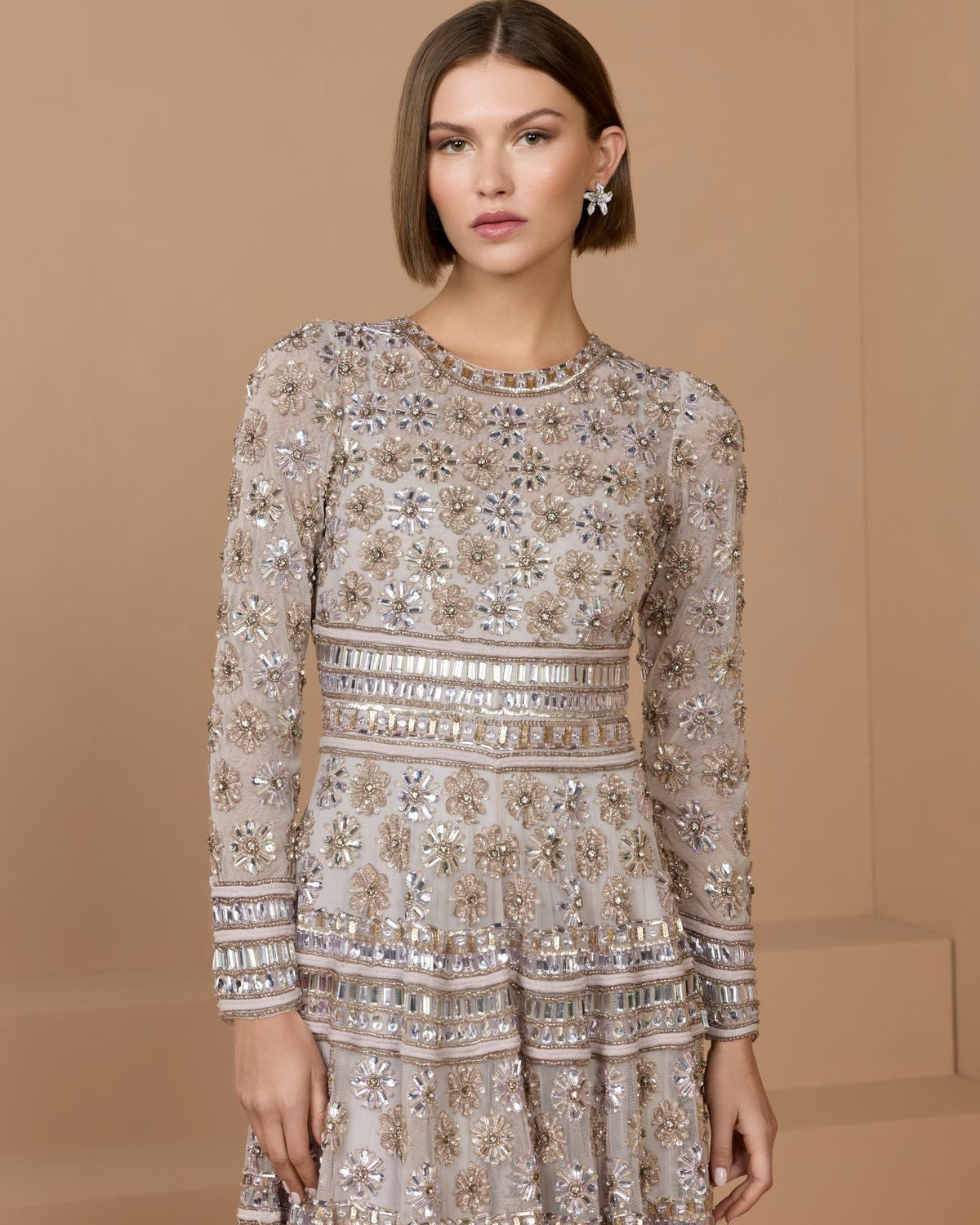 Mac Duggal Purple Embellished Long Sleeve A-Line Gown