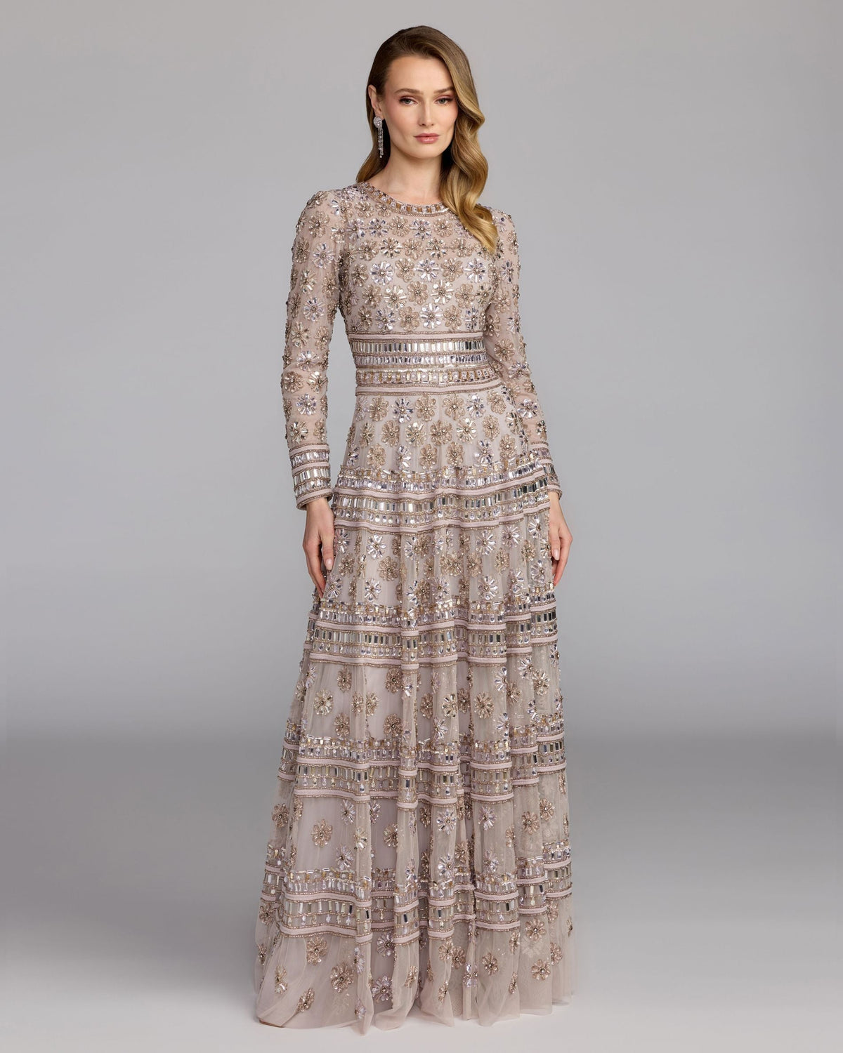 Mac Duggal Purple Embellished Long Sleeve A-Line Gown