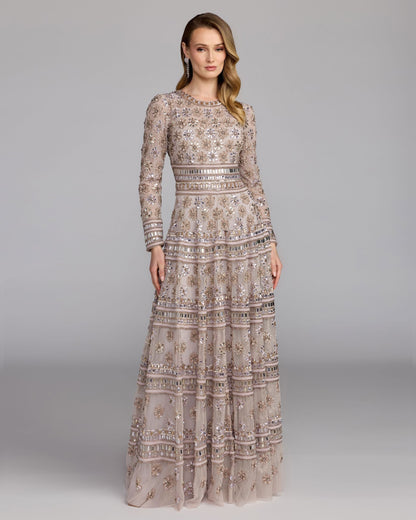 Mac Duggal Purple Embellished Long Sleeve A-Line Gown