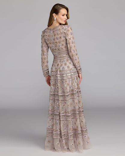 Mac Duggal Purple Embellished Long Sleeve A-Line Gown