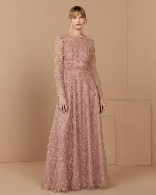 Mac Duggal Pink High Neck Long Sleeve Embellished A-Line Gown