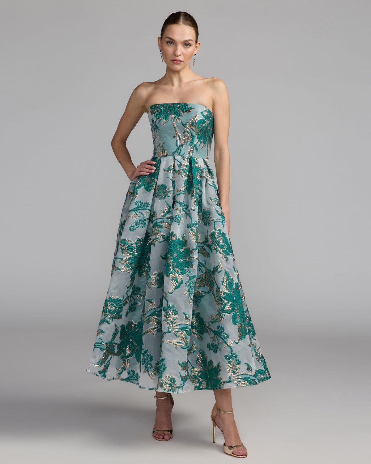 Mac Duggal Teal Strapless Brocade Midi Dress with Pockets