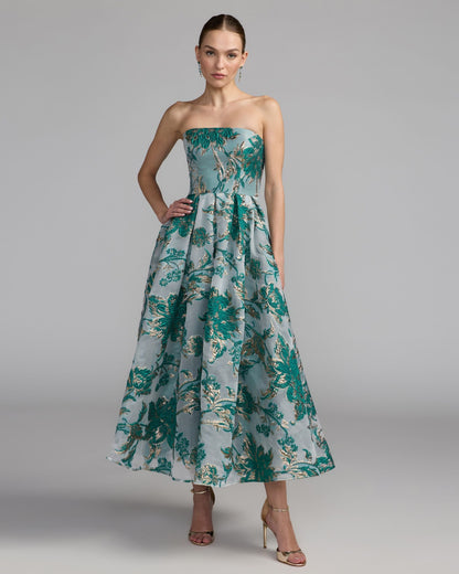 Mac Duggal Teal Strapless Brocade Midi Dress with Pockets