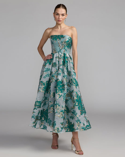 Mac Duggal Teal Strapless Brocade Midi Dress with Pockets