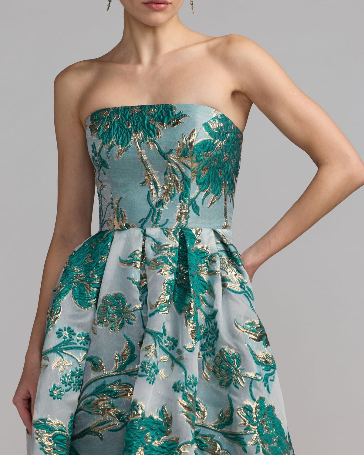Mac Duggal Teal Strapless Brocade Midi Dress with Pockets