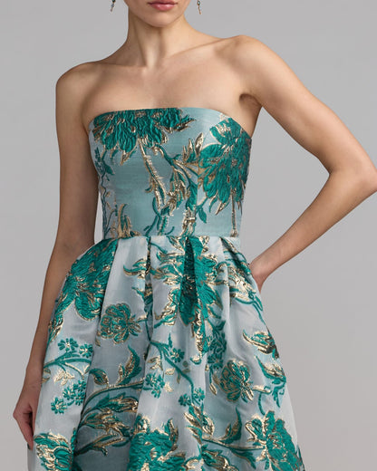 Mac Duggal Teal Strapless Brocade Midi Dress with Pockets