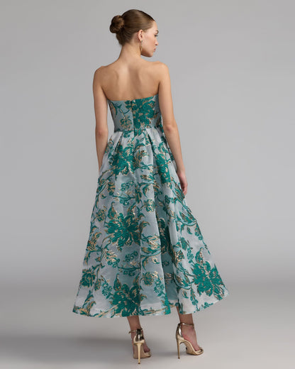Mac Duggal Teal Strapless Brocade Midi Dress with Pockets