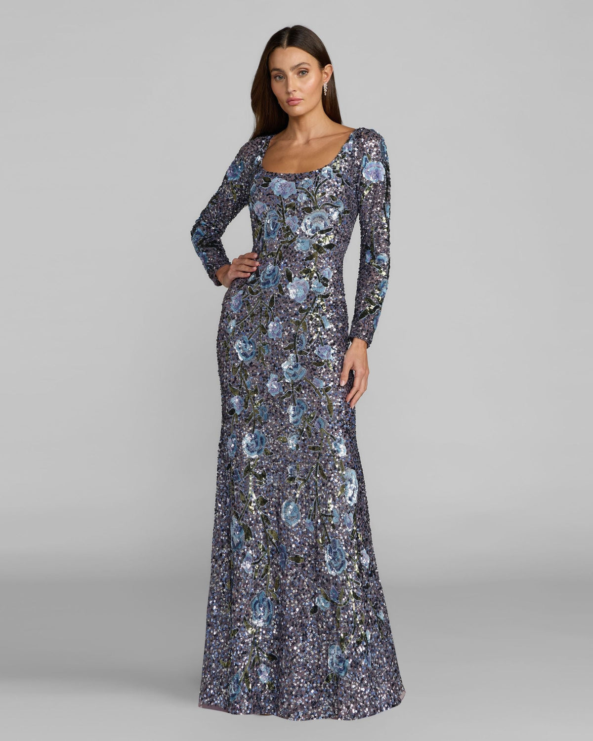 Mac Duggal Blue Floral Sequin Long Sleeve Gown