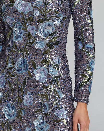 Mac Duggal Blue Floral Sequin Long Sleeve Gown