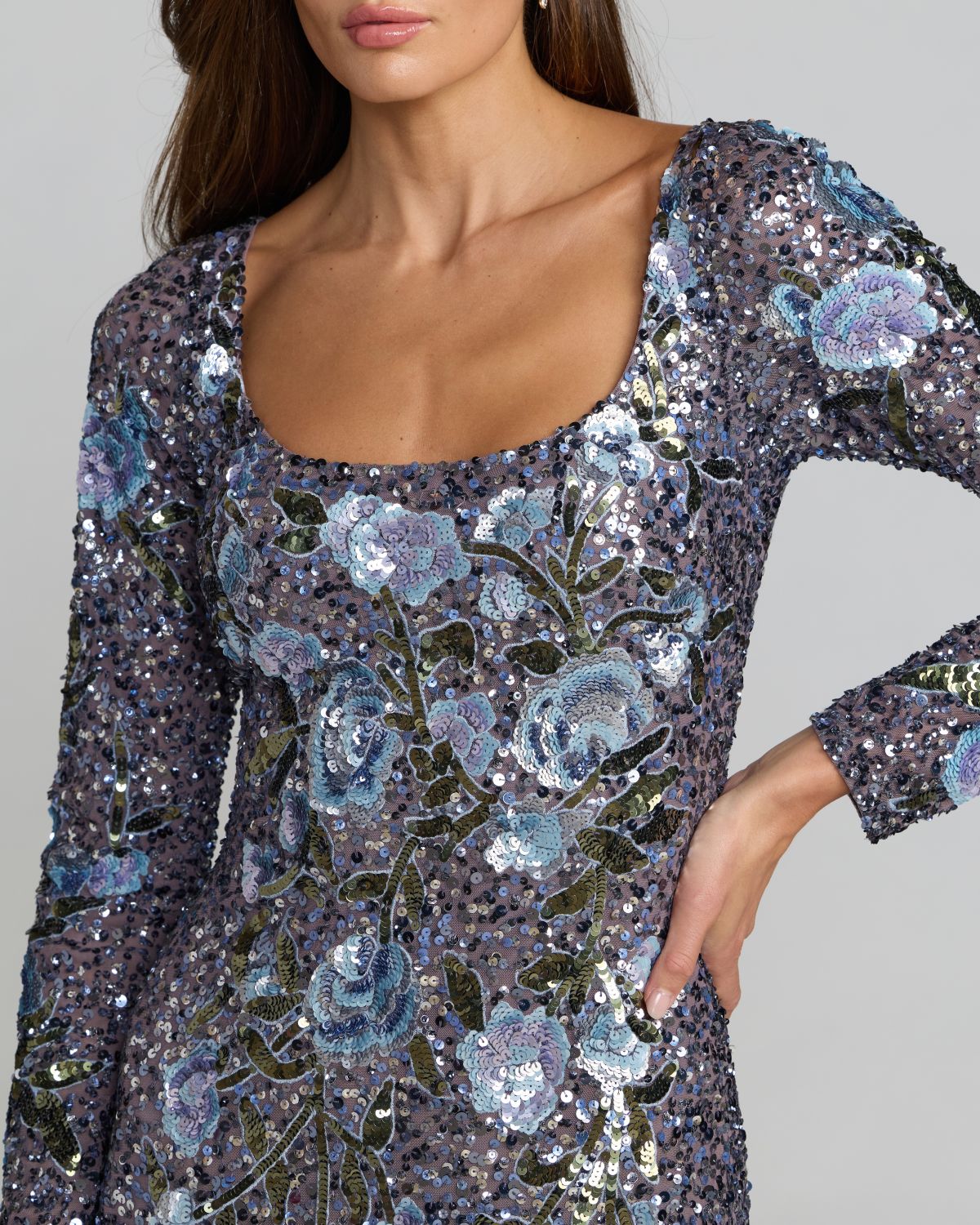 Mac Duggal Blue Floral Sequin Long Sleeve Gown