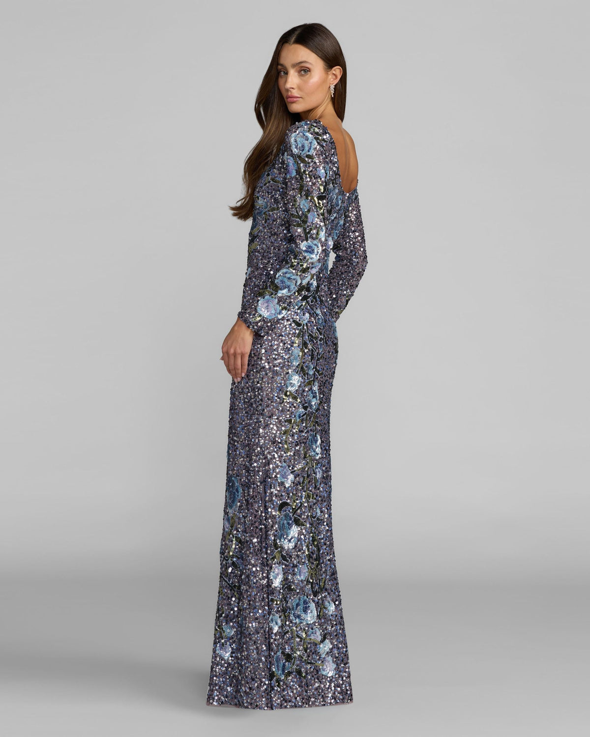 Mac Duggal Blue Floral Sequin Long Sleeve Gown