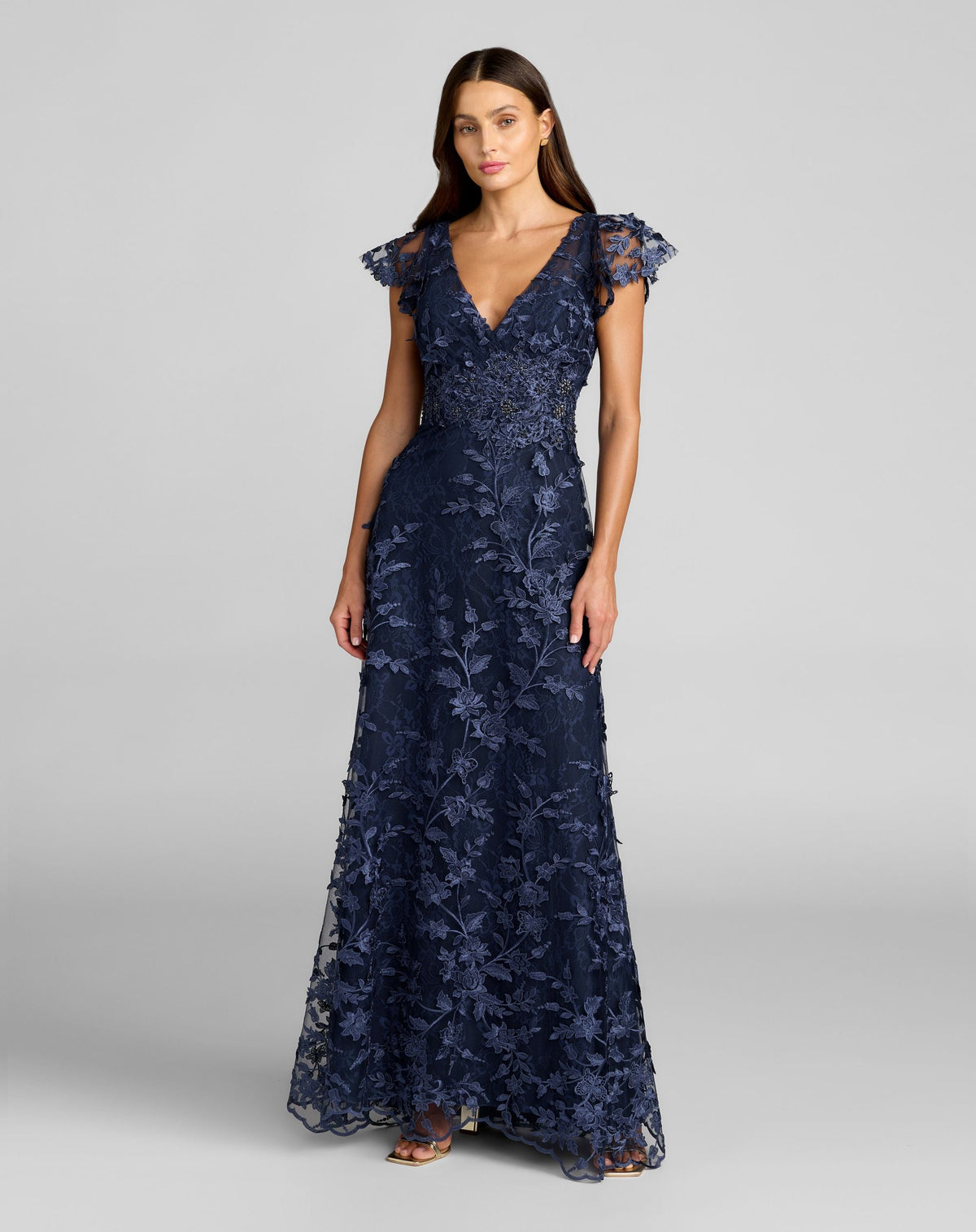 Mac Duggal Navy Floral Embroidered Flutter Sleeve Gown
