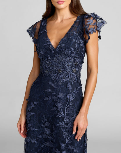 Mac Duggal Navy Floral Embroidered Flutter Sleeve Gown