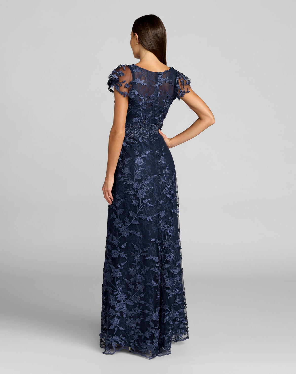Mac Duggal Navy Floral Embroidered Flutter Sleeve Gown
