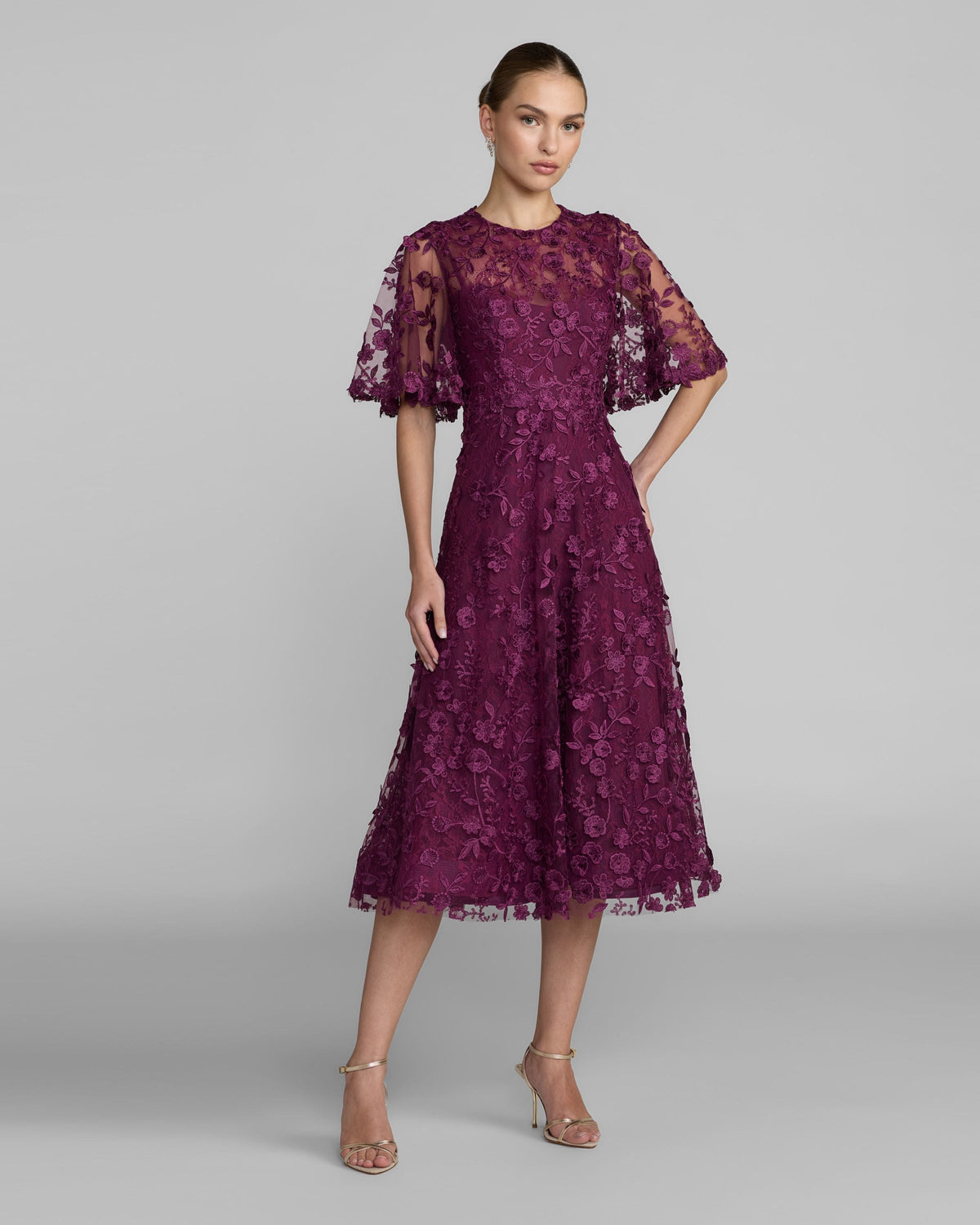 Mac Duggal Purple Flutter Sleeve Embroidered Midi Dress