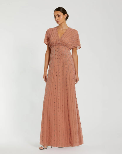 Mac Duggal Pink Beaded Short Sleeve V-Neck Gown