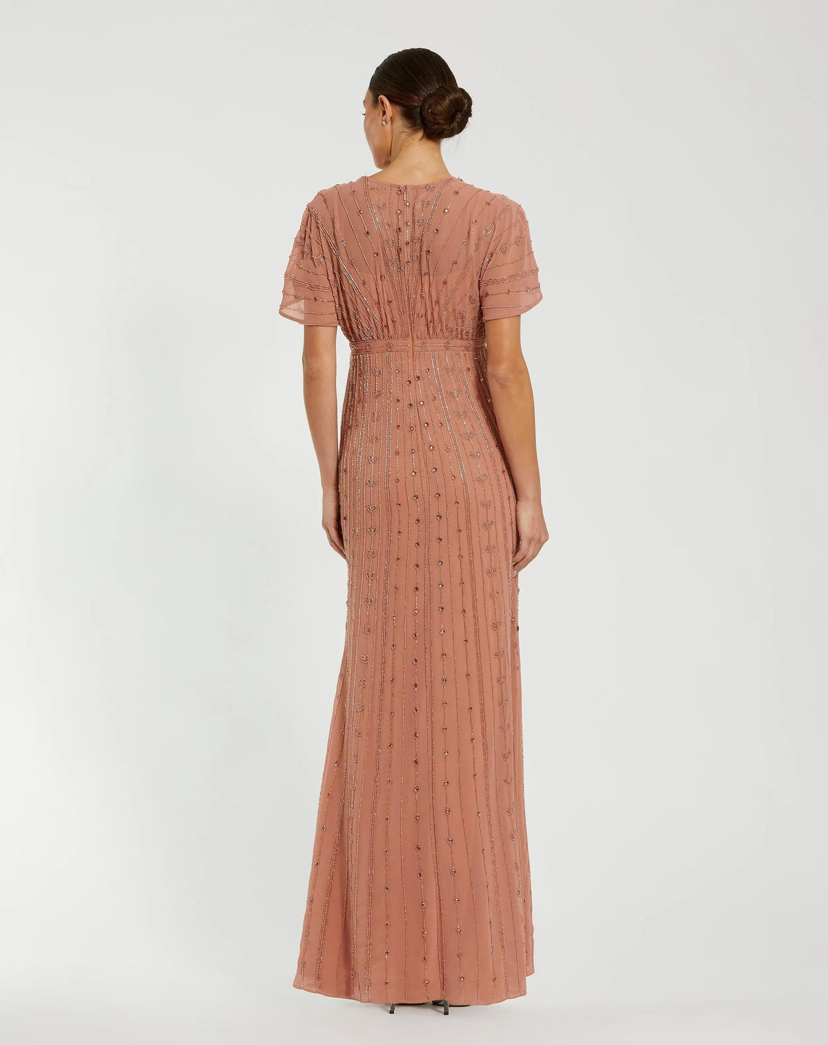 Mac Duggal Pink Beaded Short Sleeve V-Neck Gown