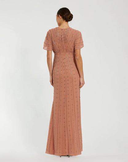 Mac Duggal Pink Beaded Short Sleeve V-Neck Gown