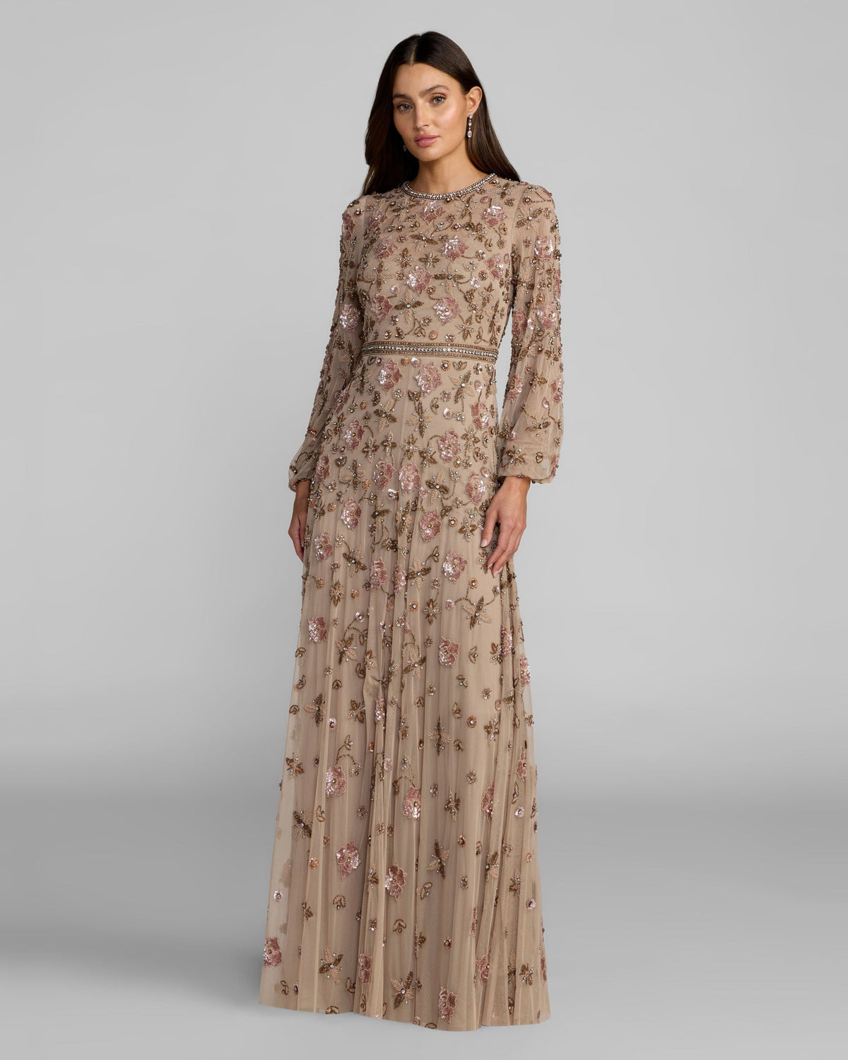 Mac Duggal Beige Crystal Beaded Floral Bishop Sleeve Gown
