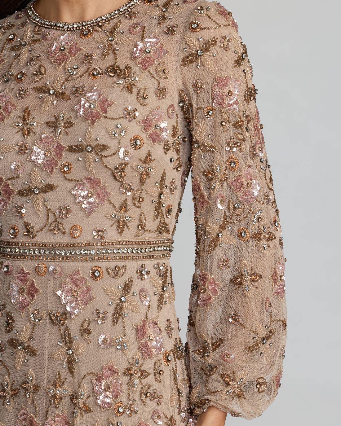 Mac Duggal Beige Crystal Beaded Floral Bishop Sleeve Gown