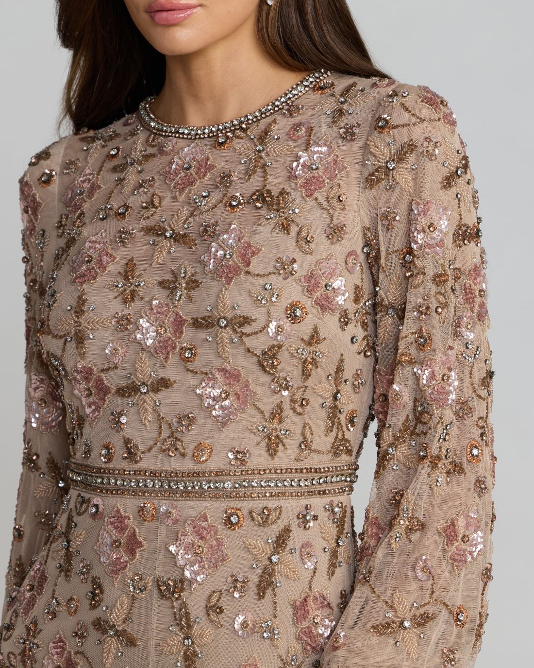 Mac Duggal Beige Crystal Beaded Floral Bishop Sleeve Gown
