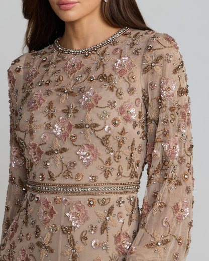 Mac Duggal Beige Crystal Beaded Floral Bishop Sleeve Gown
