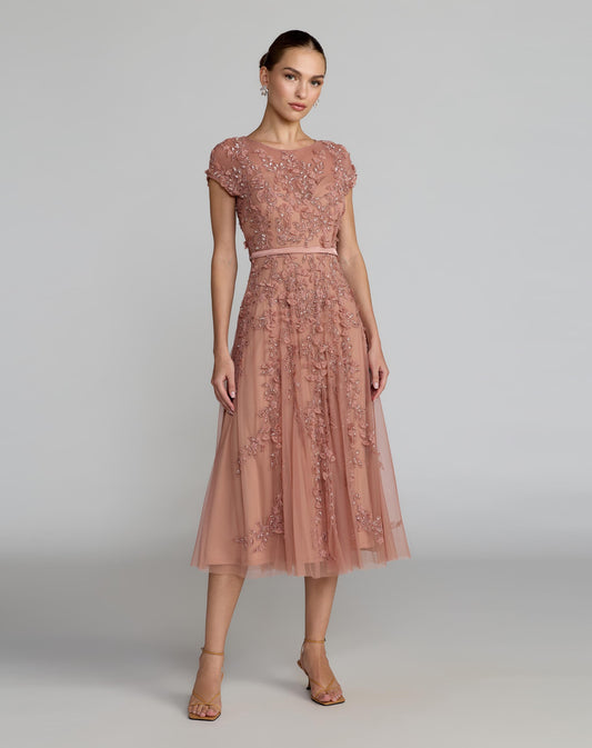 Mac Duggal Pink Floral Embellished Cap Sleeve Midi Dress