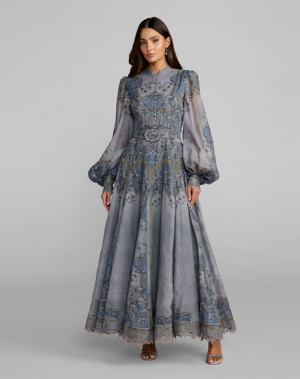 Mac Duggal Gray Bishop Sleeve Printed Cotton A-Line Dress