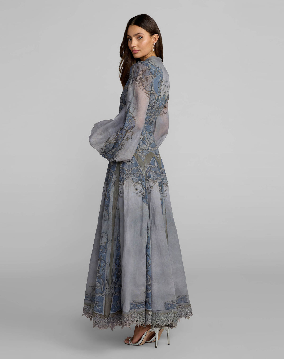 Mac Duggal Gray Bishop Sleeve Printed Cotton A-Line Dress
