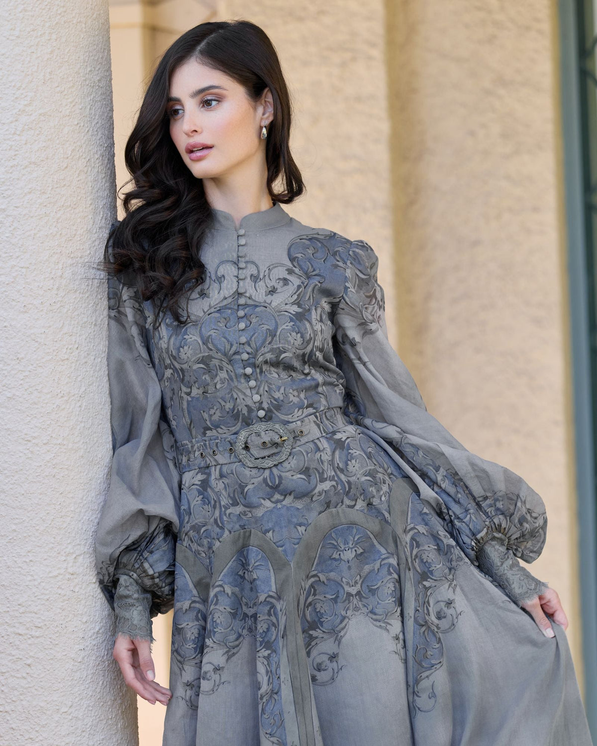 Mac Duggal Gray Bishop Sleeve Printed Cotton A-Line Dress