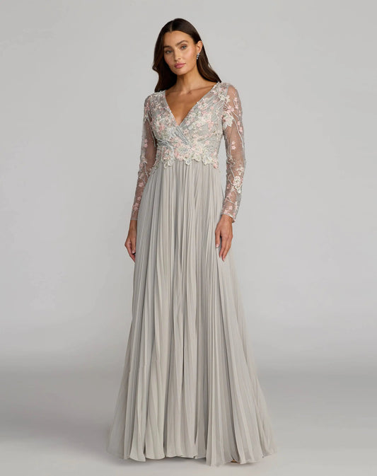 Mac Duggal Gray Long Sleeve Embroidered Chiffon A-Line Gown
