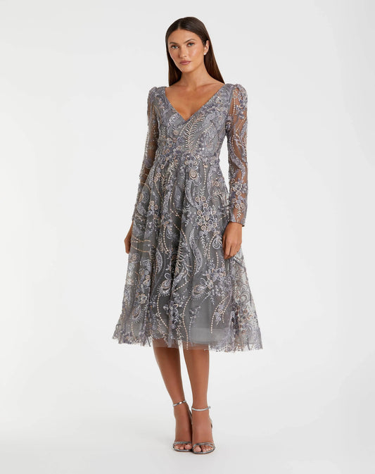 Mac Duggal Gray Embroidered Long Sleeve Midi Dress
