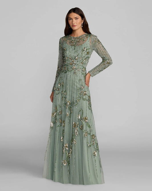 Mac Duggal Green Beaded Long Sleeve A Line Gown