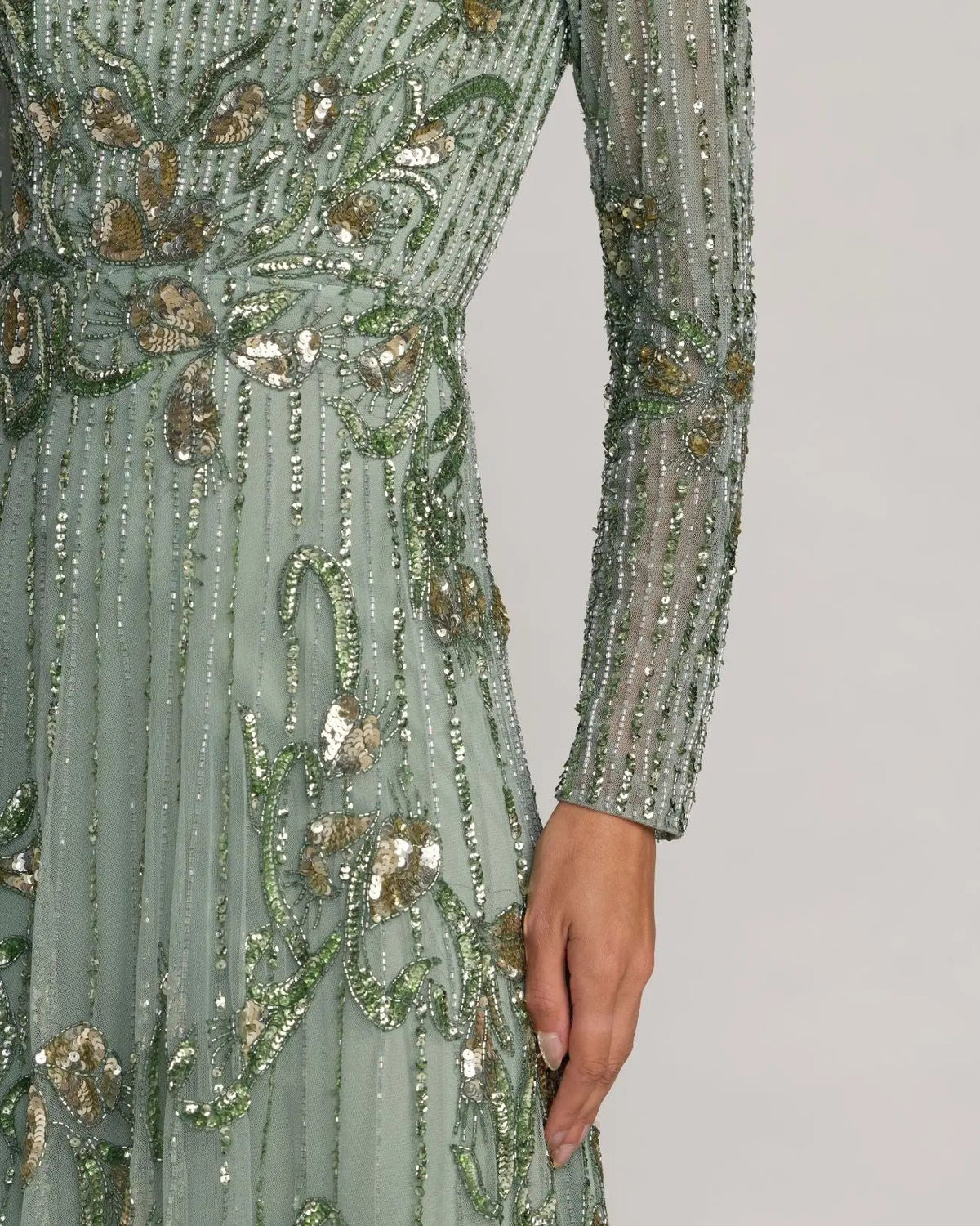 Mac Duggal Green Beaded Long Sleeve A Line Gown