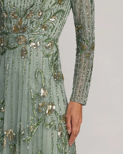 Mac Duggal Green Beaded Long Sleeve A Line Gown
