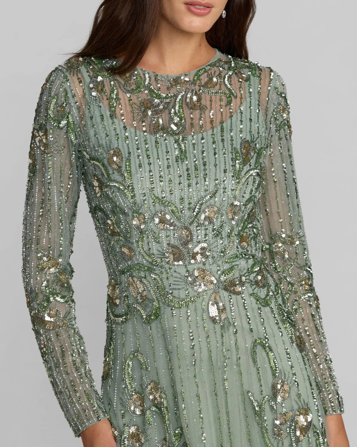 Mac Duggal Green Beaded Long Sleeve A Line Gown