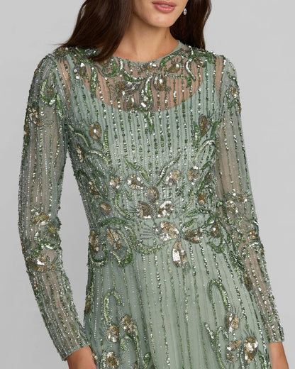 Mac Duggal Green Beaded Long Sleeve A Line Gown
