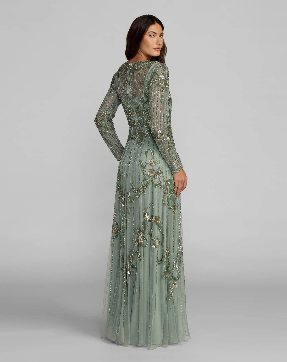 Mac Duggal Green Beaded Long Sleeve A Line Gown